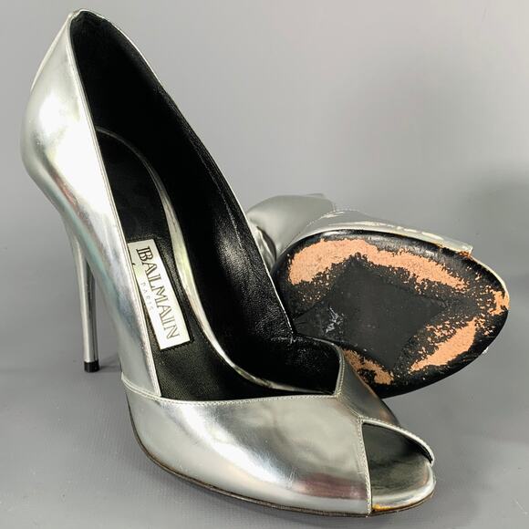 BALMAIN Size 6 Silver Patent Leather Peep Toe Heels Pumps - Picture 5 of 11